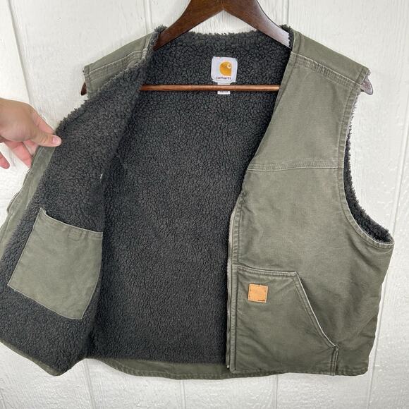 Vintage Y2K Sherpa Lined Carhartt Vest Duck Rugged Green V26 ARG Size Large - Picture 3 of 7